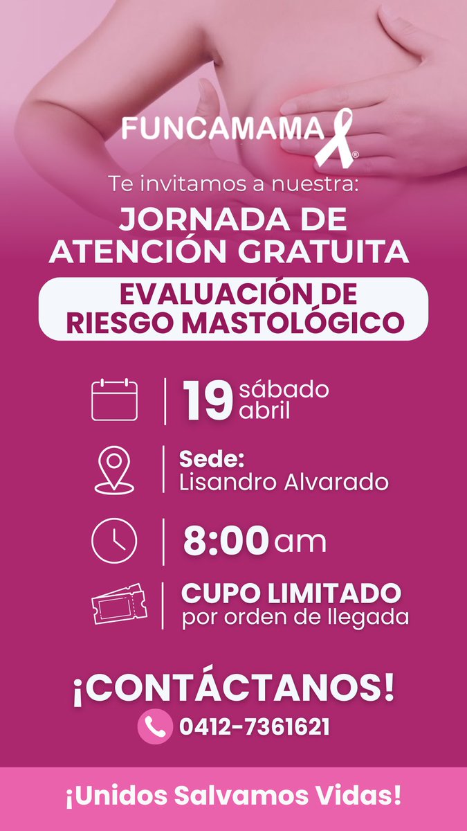 🗣️Funcamama te invita a nuestra JORNADA DE ATENCIÓN GRATUITA 

🩺Evaluación de Riesgo Mastológico 

🗓️Este sábado 19 de abril 
🕐8:00 am 
📍Sede Lisandro Alvarado. Av. Lisandro Alvarado, frente el Hospital Central de Valencia, sótano de Redvital. 

¡Le esperamos! 🩷