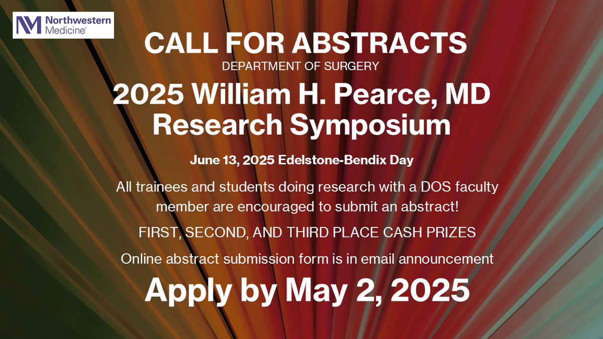 Karen J. Ho, MD (@karenholab) on Twitter photo 📣 Call For Research Abstracts!
Annual DOS William H. Pearce, MD Research Symposium
Deadline: May 2, 2025
All trainees and students doing research with a DOS faculty member in the current academic year are encouraged to submit!
<a href="/NMSurgery/">Northwestern Surgery</a> <a href="/NQUIRES1/">NQUIRES</a> <a href="/NMCardioVasc/">NM Cardiovascular</a> 📣 Call For Research Abstracts!
Annual DOS William H. Pearce, MD Research Symposium
Deadline: May 2, 2025
All trainees and students doing research with a DOS faculty member in the current academic year are encouraged to submit!
<a href="/NMSurgery/">Northwestern Surgery</a> <a href="/NQUIRES1/">NQUIRES</a> <a href="/NMCardioVasc/">NM Cardiovascular</a>
