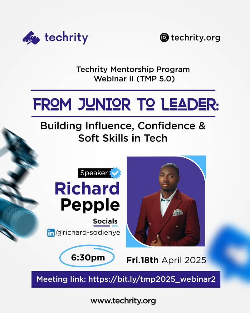 From Junior to Leader!! Join Richard Pepple Tomorrow, April 18th to unlock confidence, influence, and soft skills in tech!🚀

#upskilling #mentorship  #Tech #tmp #mentorshipprogram #Techrity