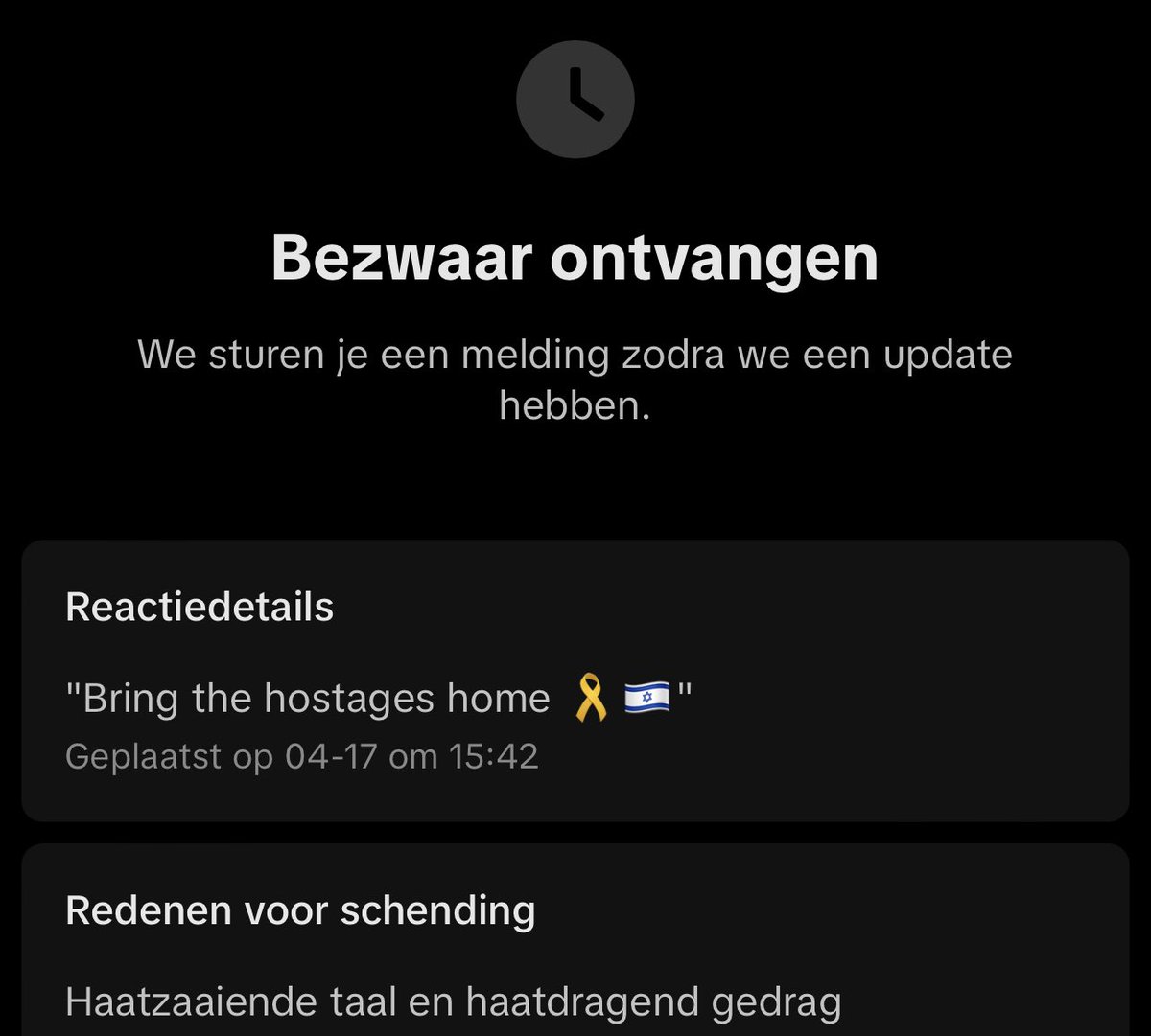 Wanneer je ‘free Palestine’ als reactie op TikTok schrijft dan is het geen probleem. Maar als je als antwoord daarop schrijft ‘Bring the hostages home’ dan wordt je reactie verwijderd vanwege ‘schending van de richtlijnen’.

Dat noemen we een dubbele standaard <a href="/TikTokSupport/">TikTokSupport</a>.