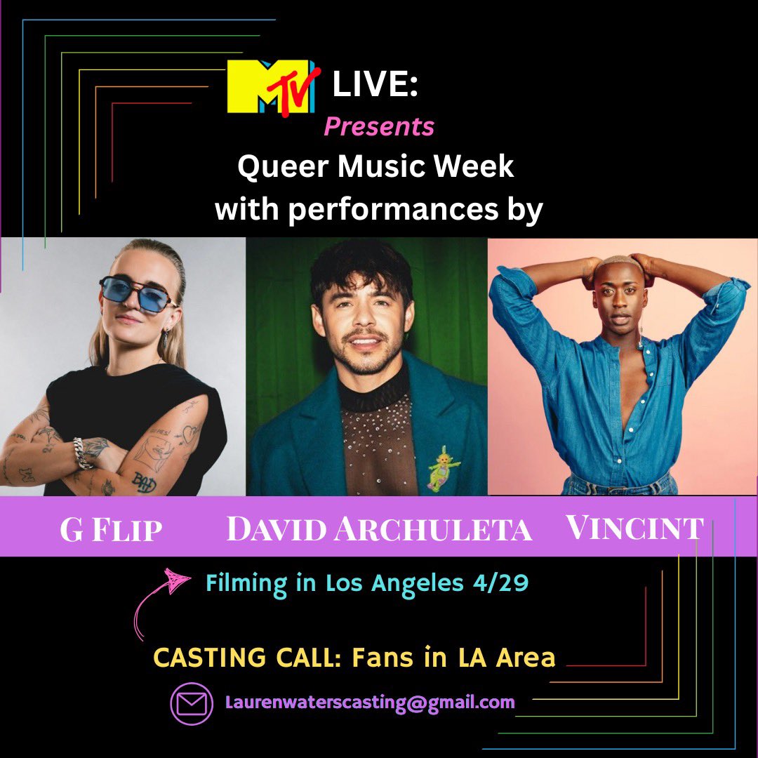 Casting LA music fans! Amazing intimate MTV concert featuring <a href="/DavidArchie/">David Archuleta</a> <a href="/gflipmusic/">G FLIP</a> &amp; <a href="/VINCINT_/">VINCINT</a>  in Hollywood. If you are interested in attending please email laurenwaterscasting@gmail.com  #concert #davidarchuleta #gflip #LosAngeles