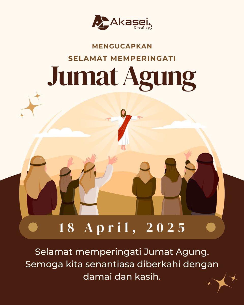 Di hari penuh makna ini, kami dari Akasei menyampaikan

Selamat memperingati Jumat Agung
bagi yang menjalankan.
Kiranya momen ini membawa kedamaian, pengharapan baru, dan cinta kasih dalam setiap langkah hidup kita.

#Akasei #GoodFriday #JumatAgung2025