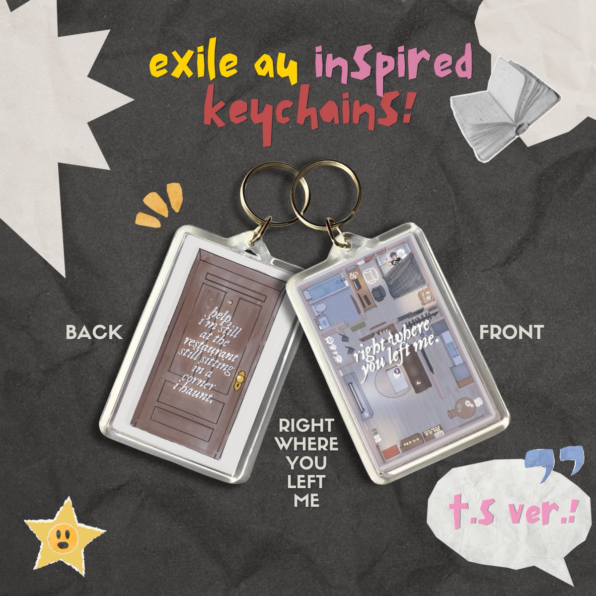 hi!! inch check <3 

💌: exile au inspired keychain !! 

- 2x3 acrylic
- two ver. (niki &amp; taylor ver)! 
- price: 150 each (250 set!) 
- customizable! (any song u affiliate w exile <3)

rfs: need extra funds &amp; had extra acrylics so i thought of this ! 

⭐️ like / reply if inch !