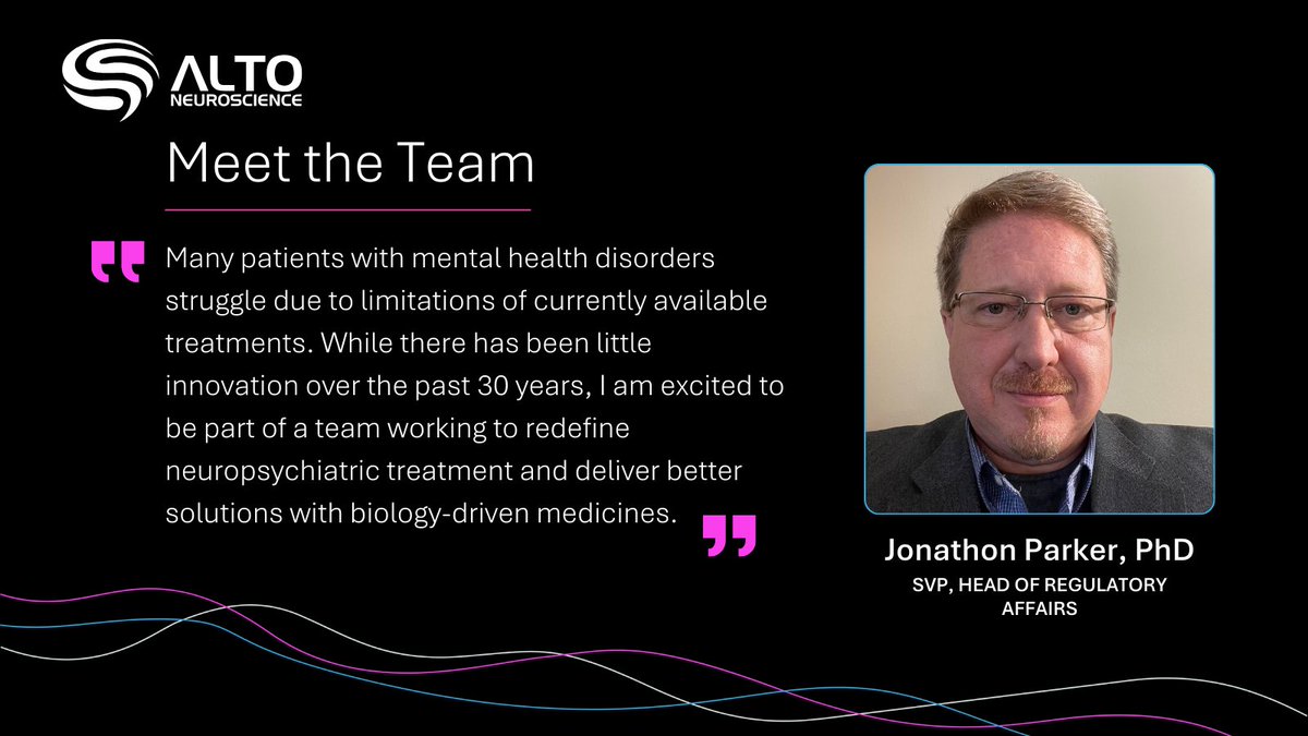 Please help us welcome Jonathon Parker to the Alto team as our SVP, Head of Regulatory Affairs! We are excited to have his leadership and #CNS expertise as we continue to advance our #PrecisionPsychiatry pipeline towards late-stage clinical development.