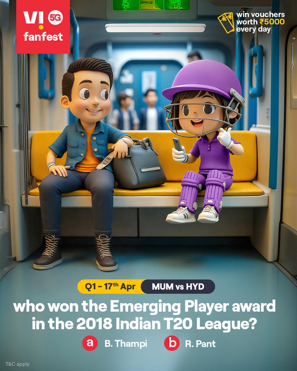 Cricky is testing your cricket IQ 🏏💡
Comment #Vi5Gfanfest with the right answers to all 5 questions today and stand a chance to win vouchers worth ₹5,000 🎟️✨🏆
.
.
#ChallengeAlert #WinPrizes #Quiz #ParticipateAndWin #MUMvsHYD #Mumbai #Hyderabad