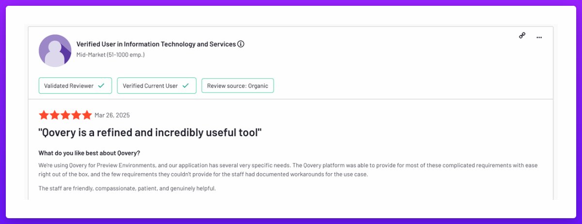 In an era when everyone creates tons of content, genuine user feedback remains the best and most valuable content with GenAI. I'm glad to read this feedback from one more company that is very satisfied with Qovery 😍 Well done to my team for the incredible work they're doing.