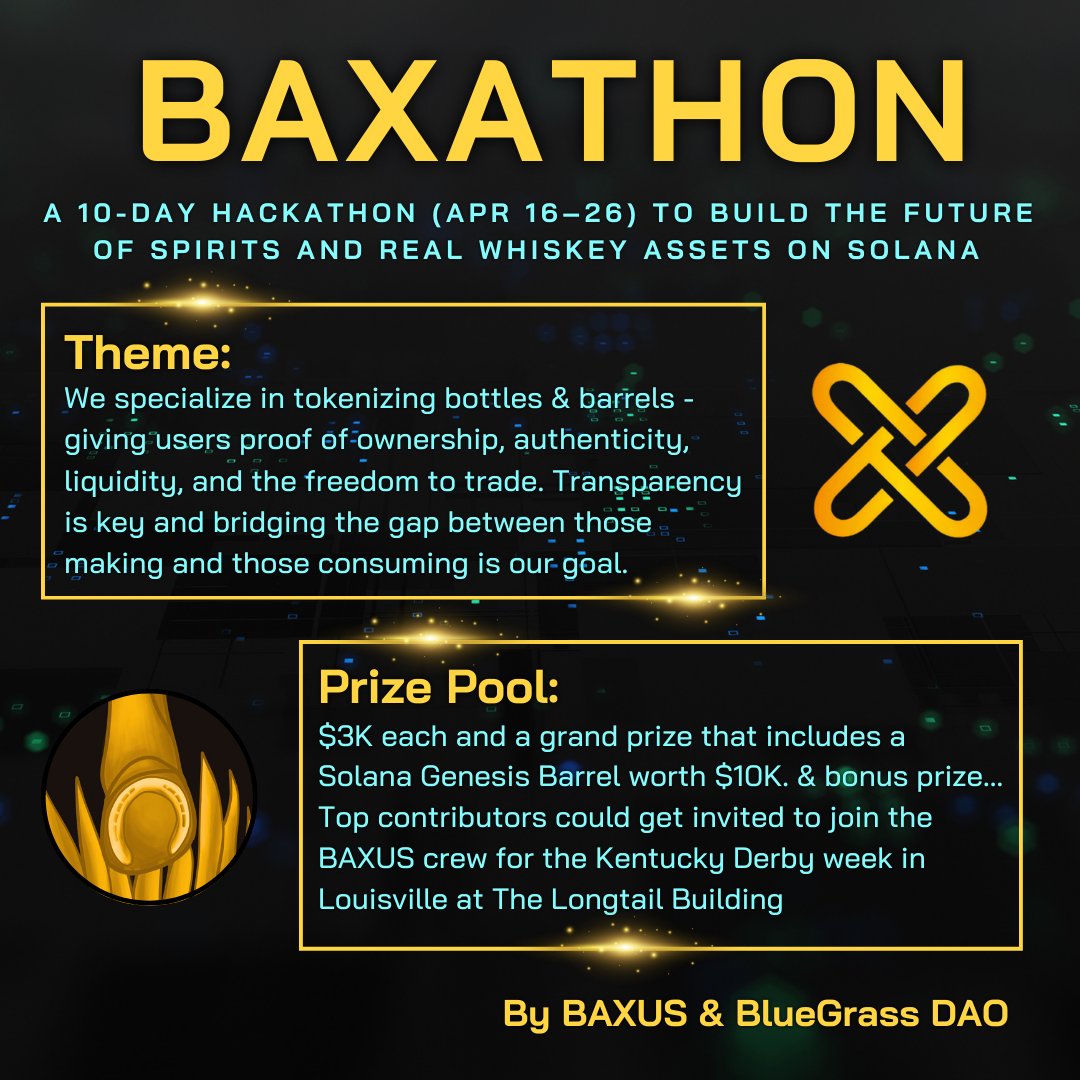 🚨 BAXATHON is live!
🏆 $3K prizes + a Solana Genesis Barrel worth $10K
🔥 Top contributors might join us IRL for <a href="/KentuckyDerby/">Kentucky Derby</a> week at <a href="/LongTailSpace/">The LongTail Building 🐎</a> 

📅 April 16–26
Details: x.com/BAXUSco/status…
<a href="/BAXUSco/">BAXUS</a> <a href="/allmight_US/">ALLMIGHT</a> <a href="/solana/">Solana</a> @SolanaConf