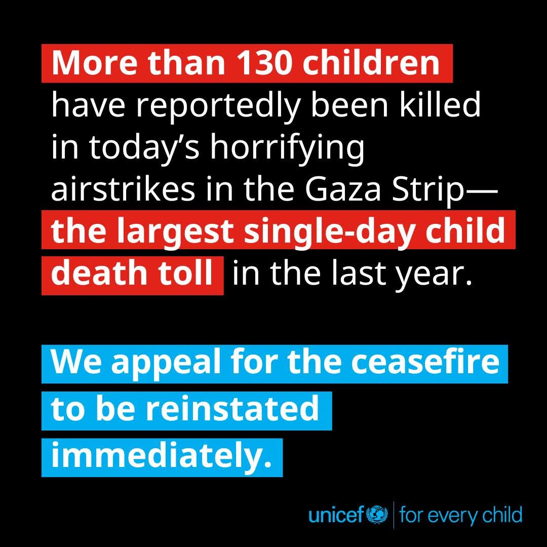 This is HORRIFYING.

Once again, nowhere is safe in the Gaza Strip. The lives of one million children are at stake.

The ceasefire must be reinstated and sustained.

International humanitarian law must be respected by all parties, allowing the immediate provision of humanitarian