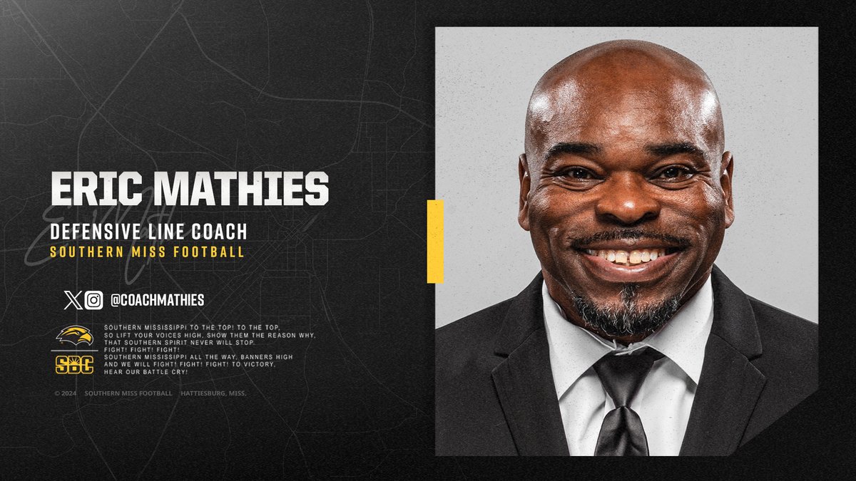Southern Miss Football (@southernmissfb) on Twitter photo Welcome to the 601 🔝
➡️ » <a href="/CoachMathies/">Eric Mathies</a>
🏈 » Defensive Line Coach
Read More » smttt.info/4ioW3QP
#FlipTheScript | #SMTTT Welcome to the 601 🔝
➡️ » <a href="/CoachMathies/">Eric Mathies</a>
🏈 » Defensive Line Coach
Read More » smttt.info/4ioW3QP
#FlipTheScript | #SMTTT
