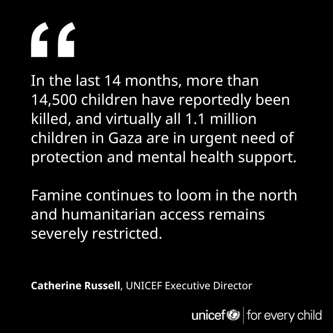 Statement by UNICEF Executive Director Catherine Russell on children and the continued bloodshed in the Gaza Strip:

“Yesterday, in yet another devastating attack on Nuseirat camp, in central Gaza, 33 people were reportedly killed – including at least eight children – and 50
