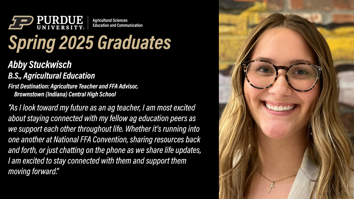 Purdue ASEC (@purdueasec) on Twitter photo Please join us in recognizing our <a href="/PurdueAg/">Purdue Agriculture</a> May graduates. Today, we congratulate Abby Stuckwisch, who will be an agriculture teacher and FFA advisor at Brownstown (Indiana) Central High School #PurdueAgEd. bit.ly/4luxhkP Please join us in recognizing our <a href="/PurdueAg/">Purdue Agriculture</a> May graduates. Today, we congratulate Abby Stuckwisch, who will be an agriculture teacher and FFA advisor at Brownstown (Indiana) Central High School #PurdueAgEd. bit.ly/4luxhkP