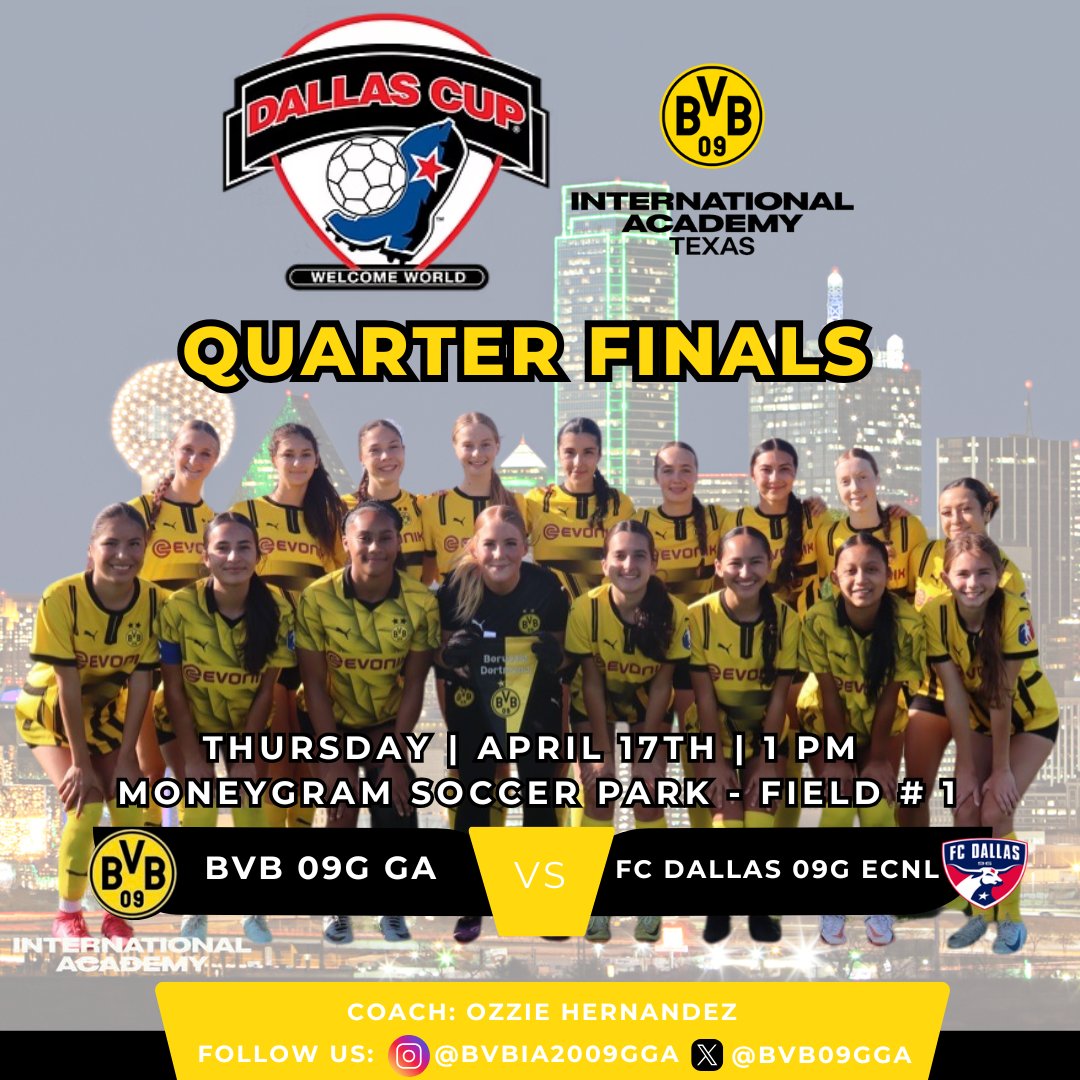 HeirFC_U18U19GA's tweet photo. Quarter Finals game today at 1 pm! Let’s go BVB! @dallascup @bvbiantx @bvbiaa @GAcademyLeague @ImYouthSoccer @ImCollegeSoccer @PrepSoccer #dallascup #bvb09ga https://t.co/wVa97adaBi