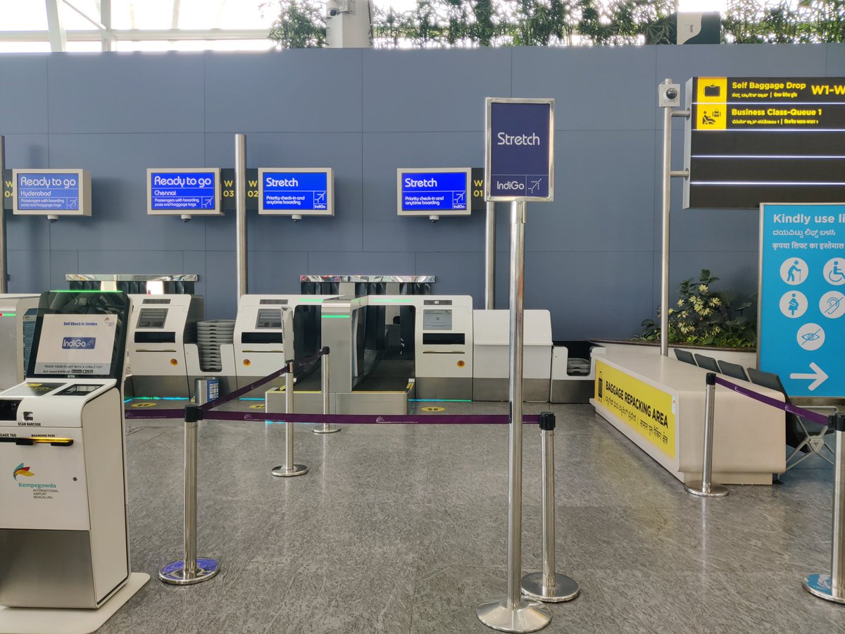 BLRAirport's tweet photo. Travelling from Terminal 1? Here’s an update that will enhance your seamless travel experience: T1 has introduced a biometric self-baggage drop facility for @IndiGo6E flights operating to Delhi, Hyderabad, Mumbai and Chennai.

#BLRAirport #SelfBaggageDrop #SBDAtBLRAirport #SBD #SeamlessBaggageDrop #PassengerExperience #Terminal1 #T1