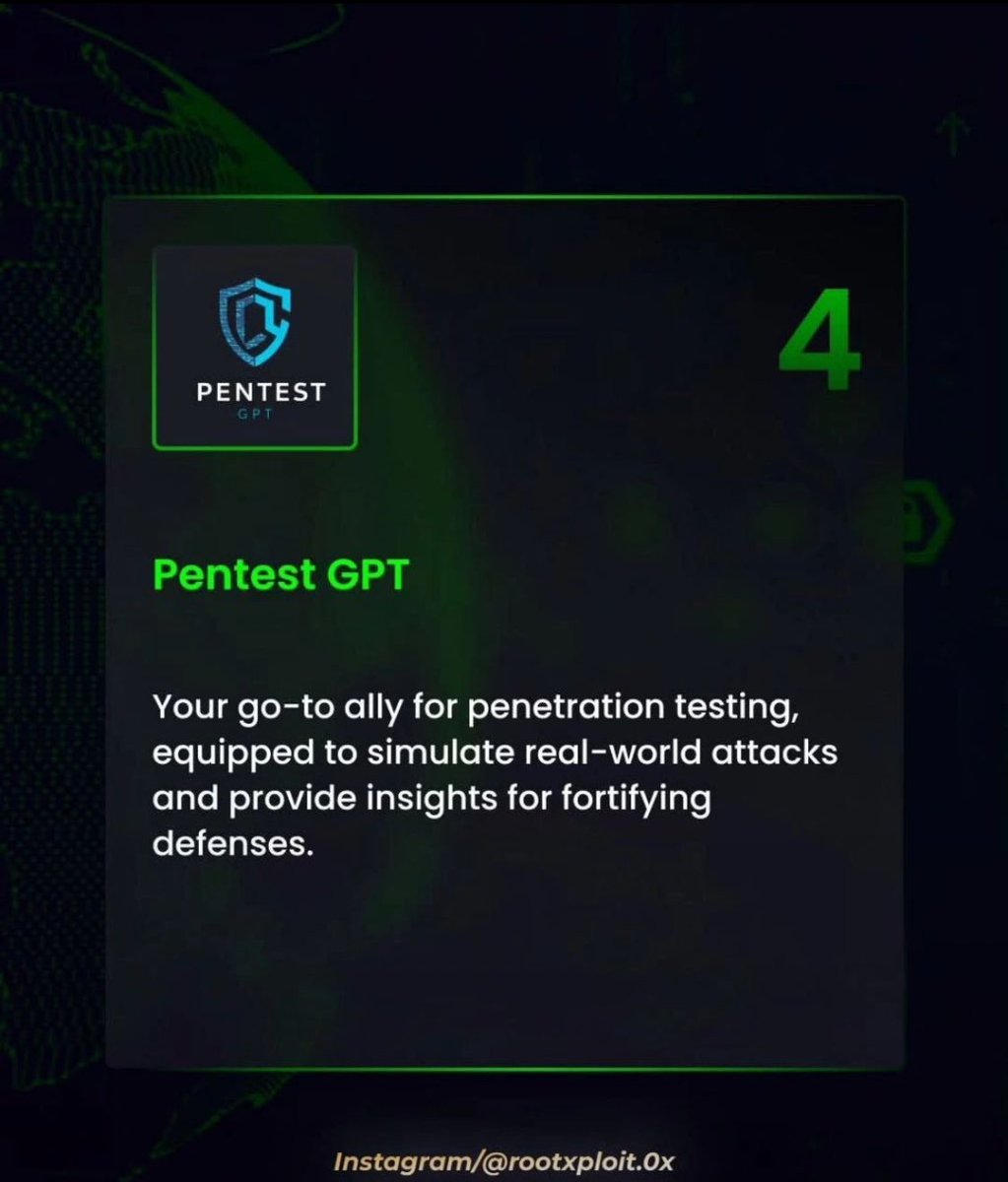 OkorieEvergreen's tweet image. 5 GPT Must-Know Tools & Tricks 🤖💡
⚠️Disclaimer: This content is intended for ethical use and education only. Always hack responsibly and with permission.
#GPT #AIHacking #PentestGPT #CyberSecurity #EthicalHacking #RedTeam #BugBounty #InfoSec #5IVEISCOMING