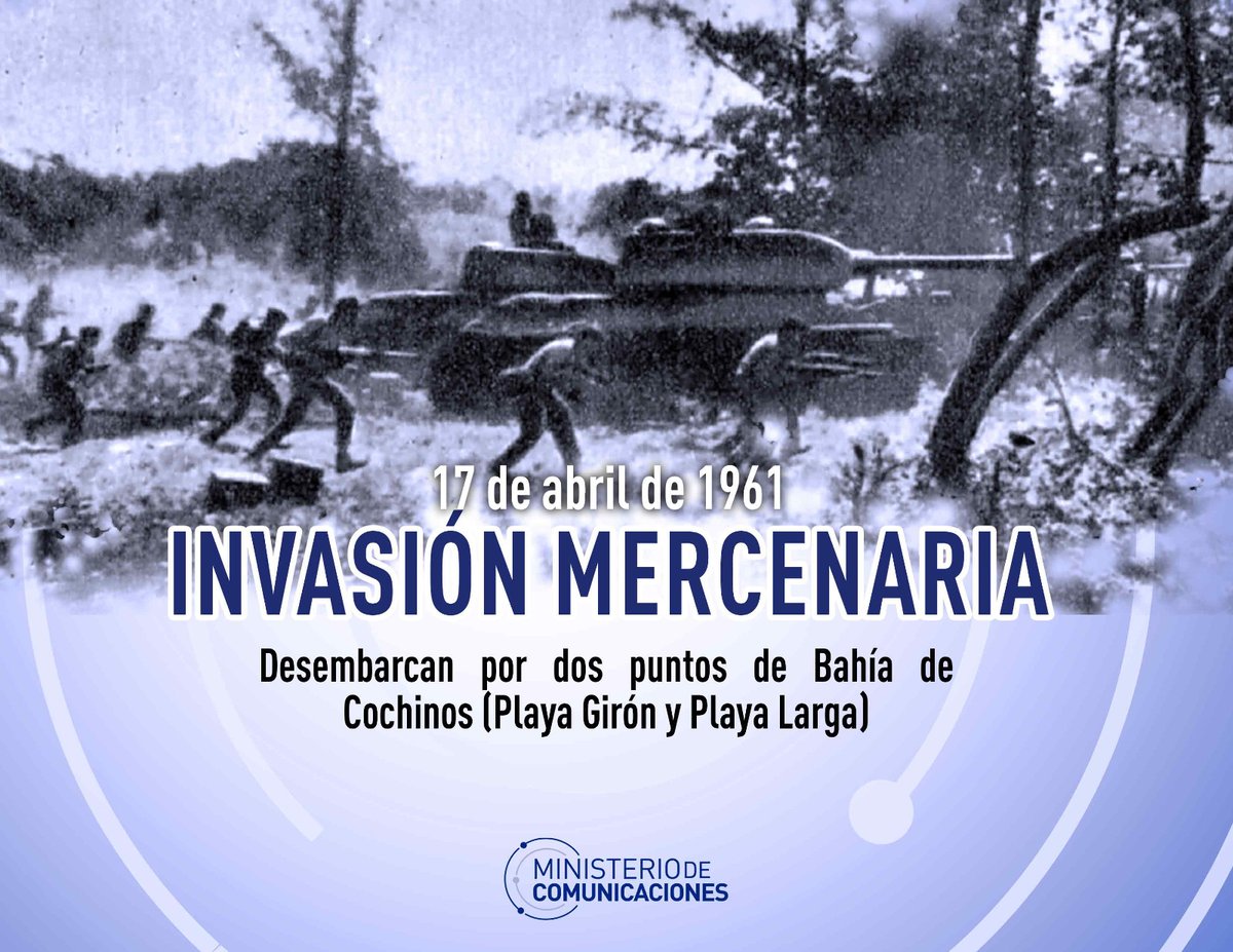 El 17 de abril del 61 comenzaba la invasión mercenaria por Playa Girón, operación organizada y financiada por gob. de #EEUU contra la naciente Revolución. 72 horas después, el pueblo asestó al imperialismo su primera gran derrota en América Latina.
#GironVictorioso
#64AñosDeGirón