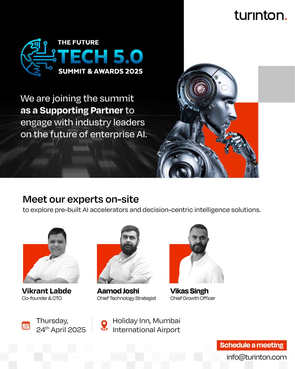 turinton's tweet image. Proud to be a Supporting Partner at Future Tech 5.0 Summit &amp;amp; Awards 2025!

Join Turinton for bold conversations on scaling enterprise AI with pre-built accelerators &amp;amp; decision-centric systems.
@EmpiricMedia 

📩 Book a meet: info@turinton.com
#AIatScale #TurintonAI