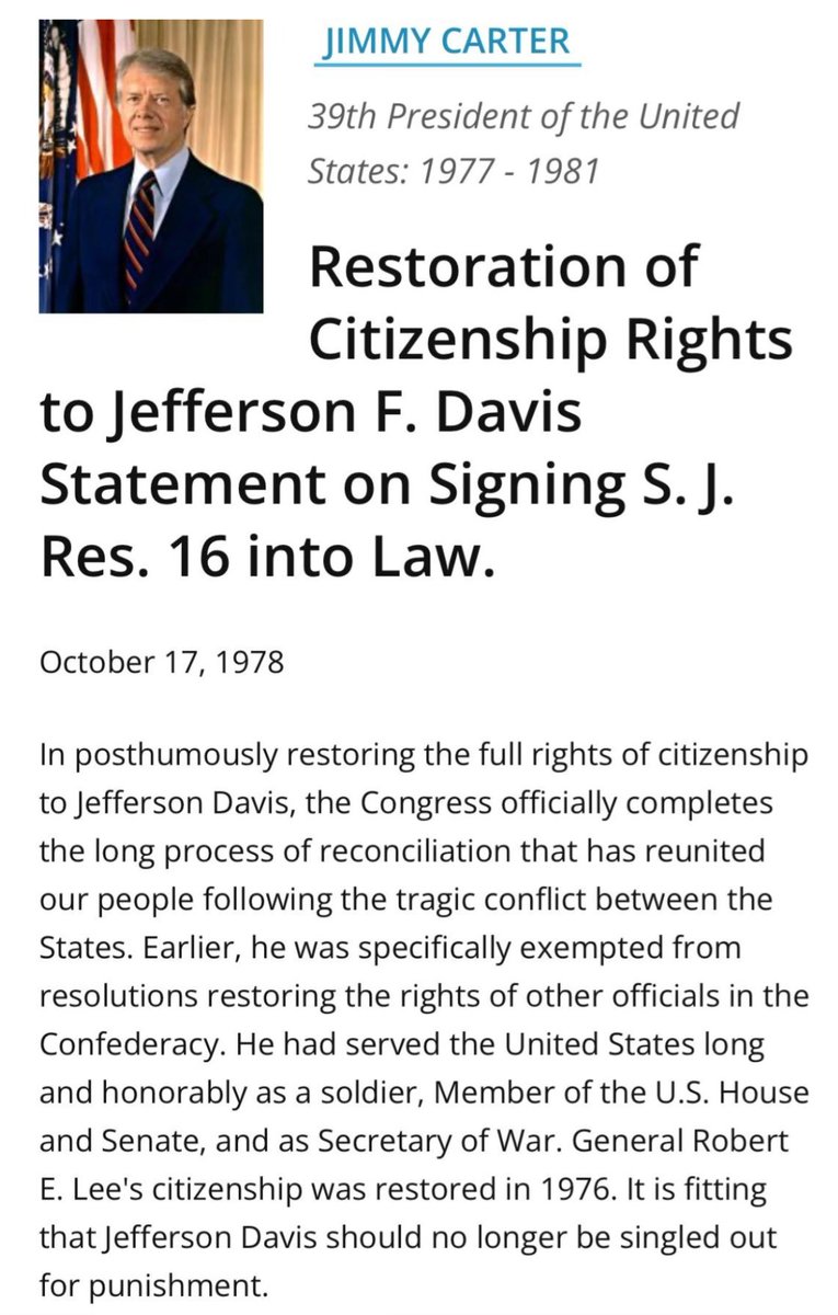 PrezWisdom's tweet image. 🙏 I BEG YOUR PARDON 🙏
Jefferson Davis, Confederate President
Pardoned posthumously by Jimmy Carter 🇺🇸 in 1978, Davis refused Andrew Johnson’s 🇺🇸 blanket pardon of all confederates for treason
Davis did not feel he had committed any crime so he refused a pardon
#POTUS 👍