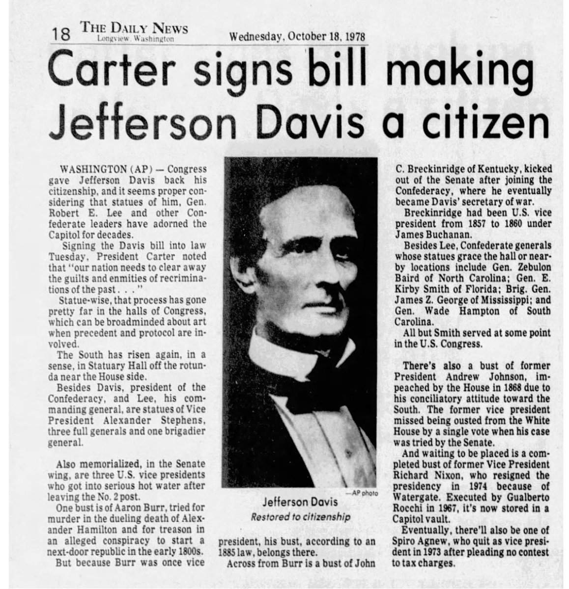 PrezWisdom's tweet image. 🙏 I BEG YOUR PARDON 🙏
Jefferson Davis, Confederate President
Pardoned posthumously by Jimmy Carter 🇺🇸 in 1978, Davis refused Andrew Johnson’s 🇺🇸 blanket pardon of all confederates for treason
Davis did not feel he had committed any crime so he refused a pardon
#POTUS 👍
