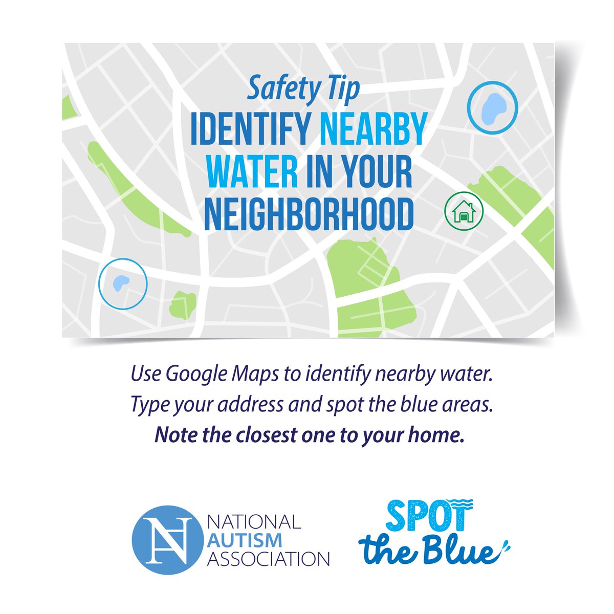 In addition to identifying pools in your neighborhood, use Google Maps to spot ponds, streams, etc. Missing children with #autism will typically head straight to the closest water, such as ponds. 
#WorldAutismMonth #SearchWaterFirst