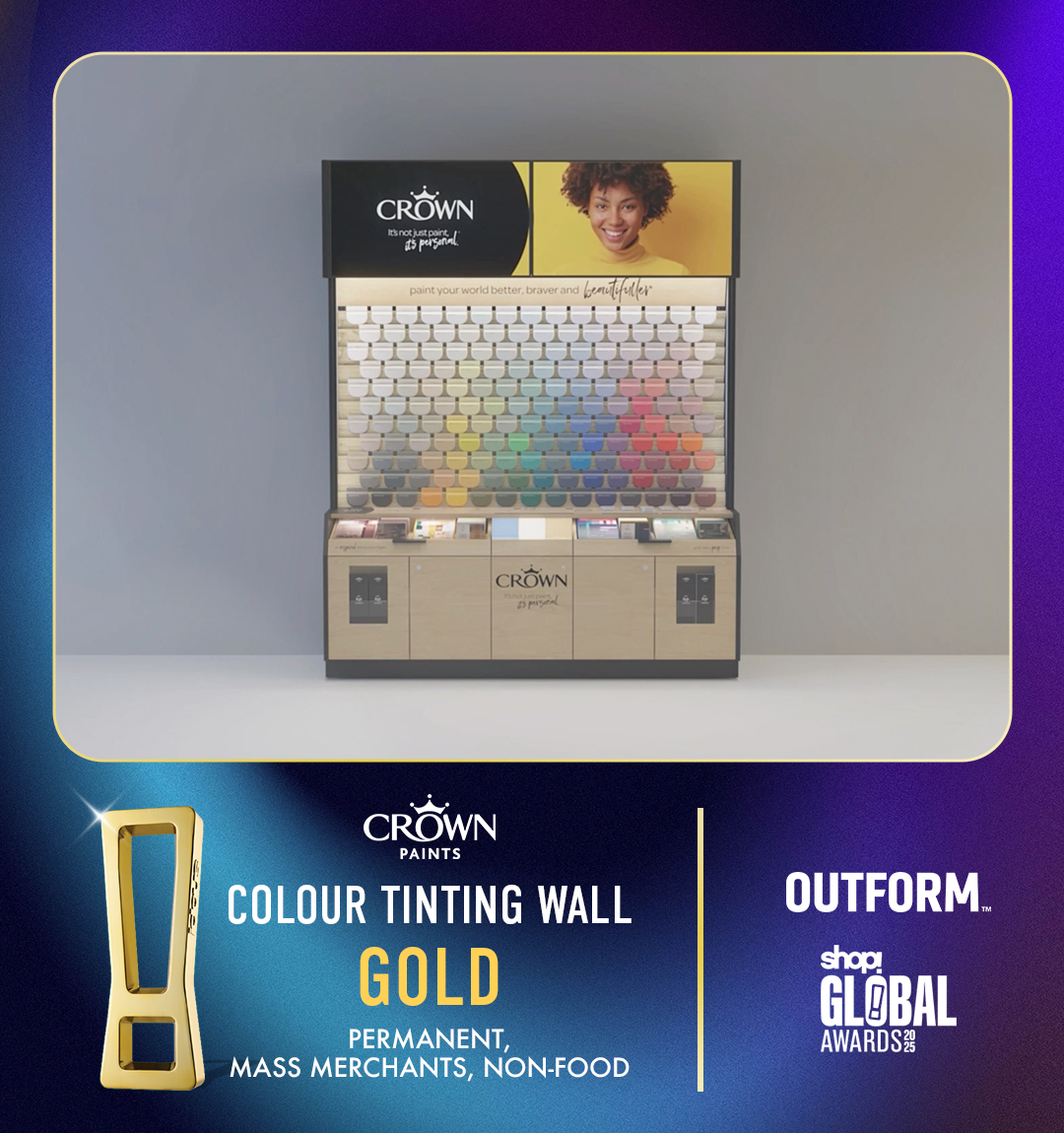 OutformInt's tweet image. Right on the heels of our Shop OMA Award wins, the @crownpaints Colour Tinting Wall has taken home Gold at this year’s Shop Global Awards!

Many congratulations to the team who brought this vision to life.

#outform #daretoinnovate #shopglobalawards #crownpaint @shopassociation