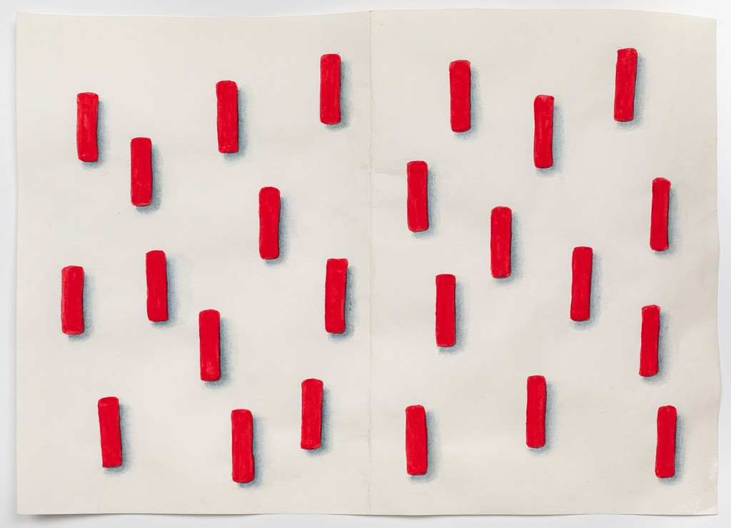 #FranzErhardWalther: Who cannot wait will stumble, opening Thursday, 24 April, 6–8pm. 24 Red Volumes, Body Related, 1981, 2025 graphite, watercolor, and gouache on paper