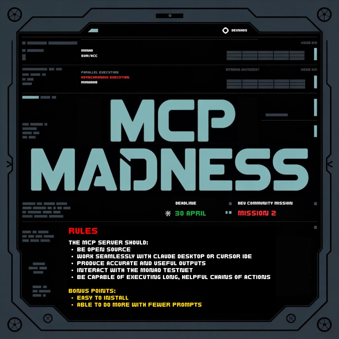 monad_dev's tweet image. Welcome to MCP Madness!

Use the latest AI tools to create a MCP server that interacts with Monad Testnet.

What will you build?

More info: Dev Discord (Link in bio)