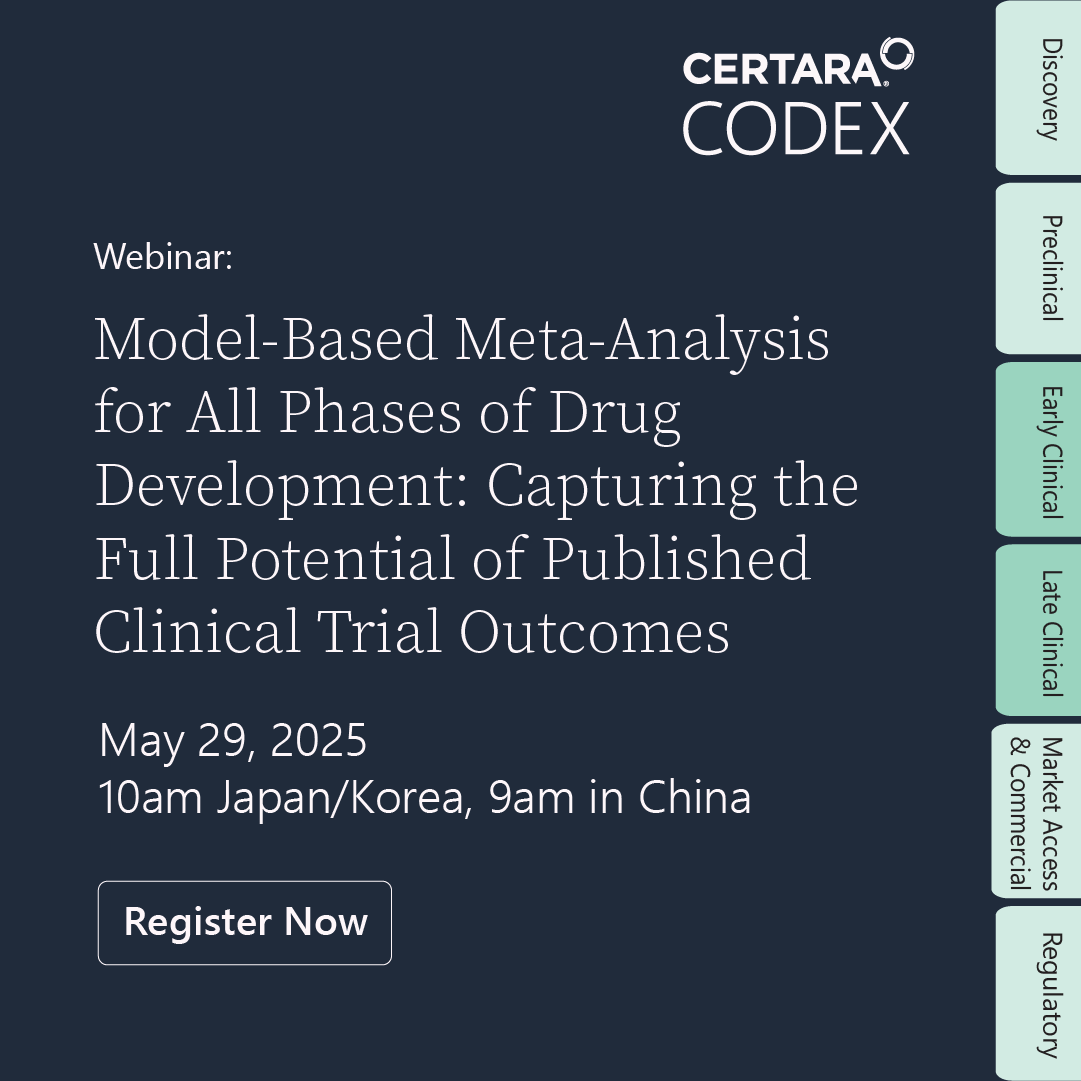 Certara's tweet image. Make better, faster decisions in early-stage drug development—using data that’s already out there.  Join our 5/29 webinar to see how MBMA + CODEX can predict outcomes, benchmark competitors &amp;amp; more. 
𝗥𝗲𝘀𝗲𝗿𝘃𝗲 𝗻𝗼𝘄: ow.ly/1Etl50VuNRn #DrugDevelopment #MBMA