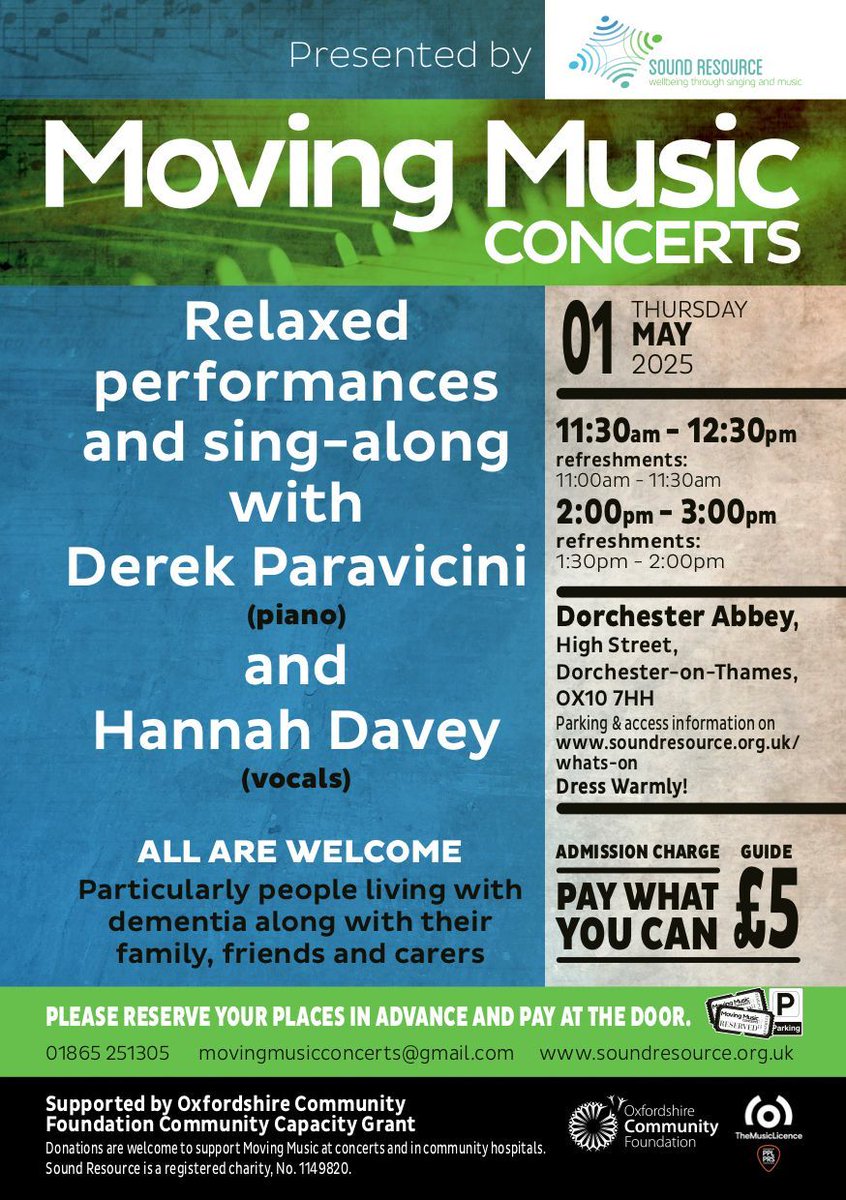 01 May - Moving Music Returns for the next installment of this inclusive concert series. Two performance times &amp; refreshments served 30 mins before each concert All Welcome #DorchesterAbbeyEvents #MovingMusic #SoundResource #DementiaFriendly #Oxfordshire
