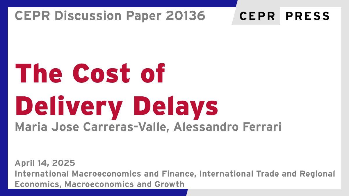 New CEPR Discussion Paper - DP20136
The Cost of Delivery Delays 
<a href="/carreras_mj/">Maria Jose Carreras</a> <a href="/PennStateEcon/">Penn State Econ</a>, Alessandro Ferrari <a href="/aferrari0/">Alessandro Ferrari</a> <a href="/econ_uzh/">Economics at Zurich</a> <a href="/UPFBarcelona/">UPF Barcelona</a> <a href="/bse_barcelona/">Barcelona School of Economics</a>
ow.ly/rnsm50VAN47 
#CEPR_IMF #CEPR_ITRE #CEPR_MG #EconTwitter