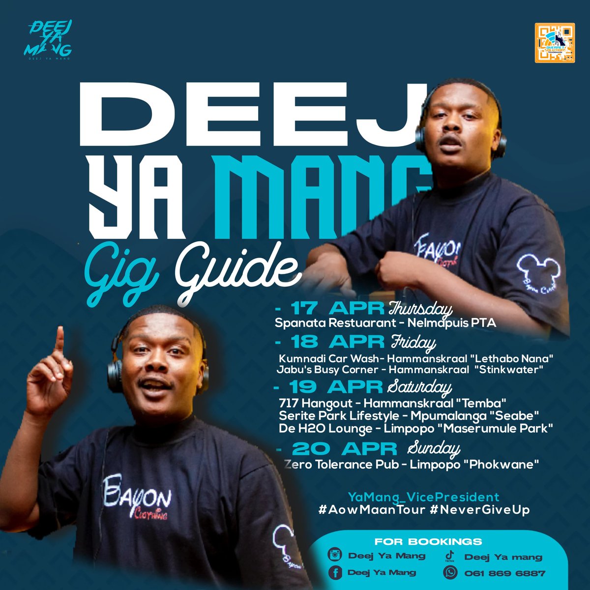 DeejYaMang's tweet image. Easter Weekend Gig Guide 🇿🇦
See You There. Stay Safe 🙏🏾😎
#YaMang_VicePresident #easter2024