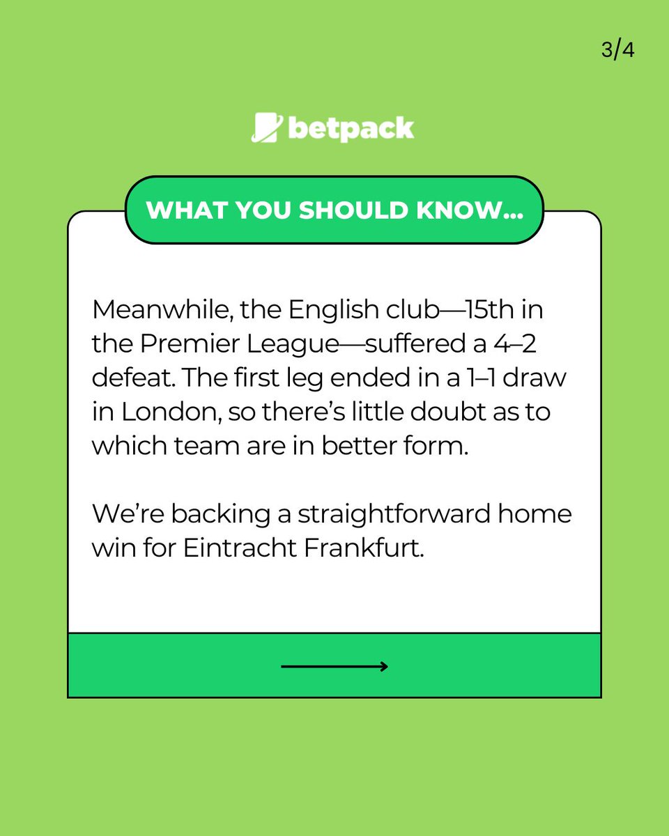 betpackcom's tweet photo. Frankfurt ⚔️ Tottenham

Eintracht Frankfurt have won their last four home matches in the Europa League and now face Tottenham, a side that continue to struggle on the road. 

➡️Check out our exclusive tip for this match🏆

#europaleague #predictions #bettingtips #freetip https://t.co/TkxfxTOIwx