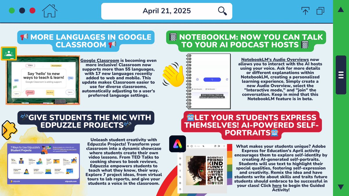 Megan Mongelli (@mongellimegan) on Twitter photo 👀Check out Megan's Megabytes: A Bit of Tech to Try!
🔗 teach.link/MegansMegabytes
📢 More languages coming to #GoogleClassroom
📓 Talk to your podcast hosts in <a href="/NotebookLM/">NotebookLM</a>
🎤Give students the mic with <a href="/edpuzzle/">Edpuzzle</a> projects
🤖 AI-powered self-portraits in <a href="/AdobeExpress/">Adobe Express</a> 👀Check out Megan's Megabytes: A Bit of Tech to Try!
🔗 teach.link/MegansMegabytes
📢 More languages coming to #GoogleClassroom
📓 Talk to your podcast hosts in <a href="/NotebookLM/">NotebookLM</a>
🎤Give students the mic with <a href="/edpuzzle/">Edpuzzle</a> projects
🤖 AI-powered self-portraits in <a href="/AdobeExpress/">Adobe Express</a>