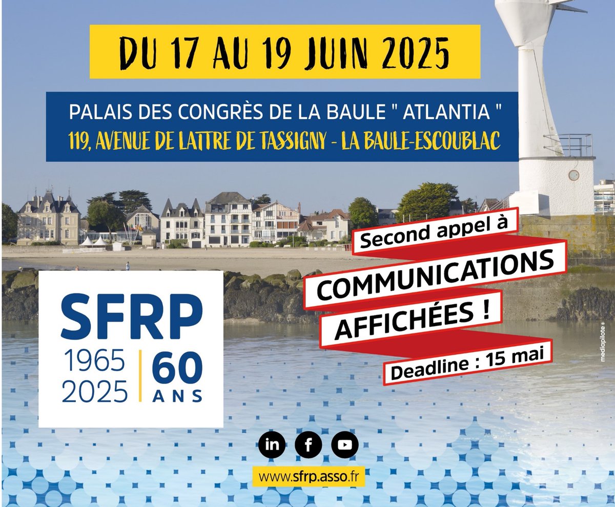 📌SFRP 2025 : Report au 30 avril du tarif préférentiel !
Inscrivez-vous vite !!!

Appel à posters ouvert jusqu'au 15 mai !

info : sfrp2025.fr