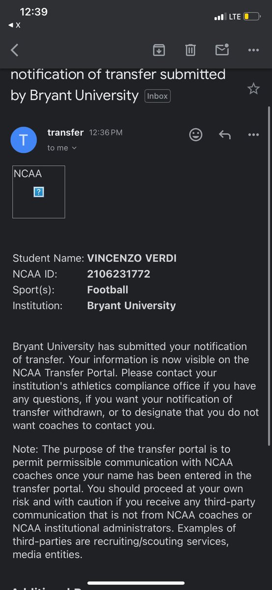 Officially in the transfer portal! 

FCS BRYANT IOL TRANSFER
3 Years of Eligibility Remaining
3.94 GPA
(631) 807-8983
vinverdi2023@gmail.com

Reach out for film