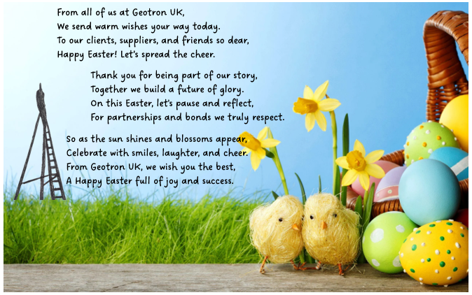 geotronuk's tweet photo. Wishing our colleagues, clients, suppliers and friends a well deserved (and hopefully sunny!) Easter break. 

Our plant and equipment will be ready roll again on Tuesday 22nd April.

From all at Geotron and especially the newly formed poetry department. https://t.co/yYcTwdugB8