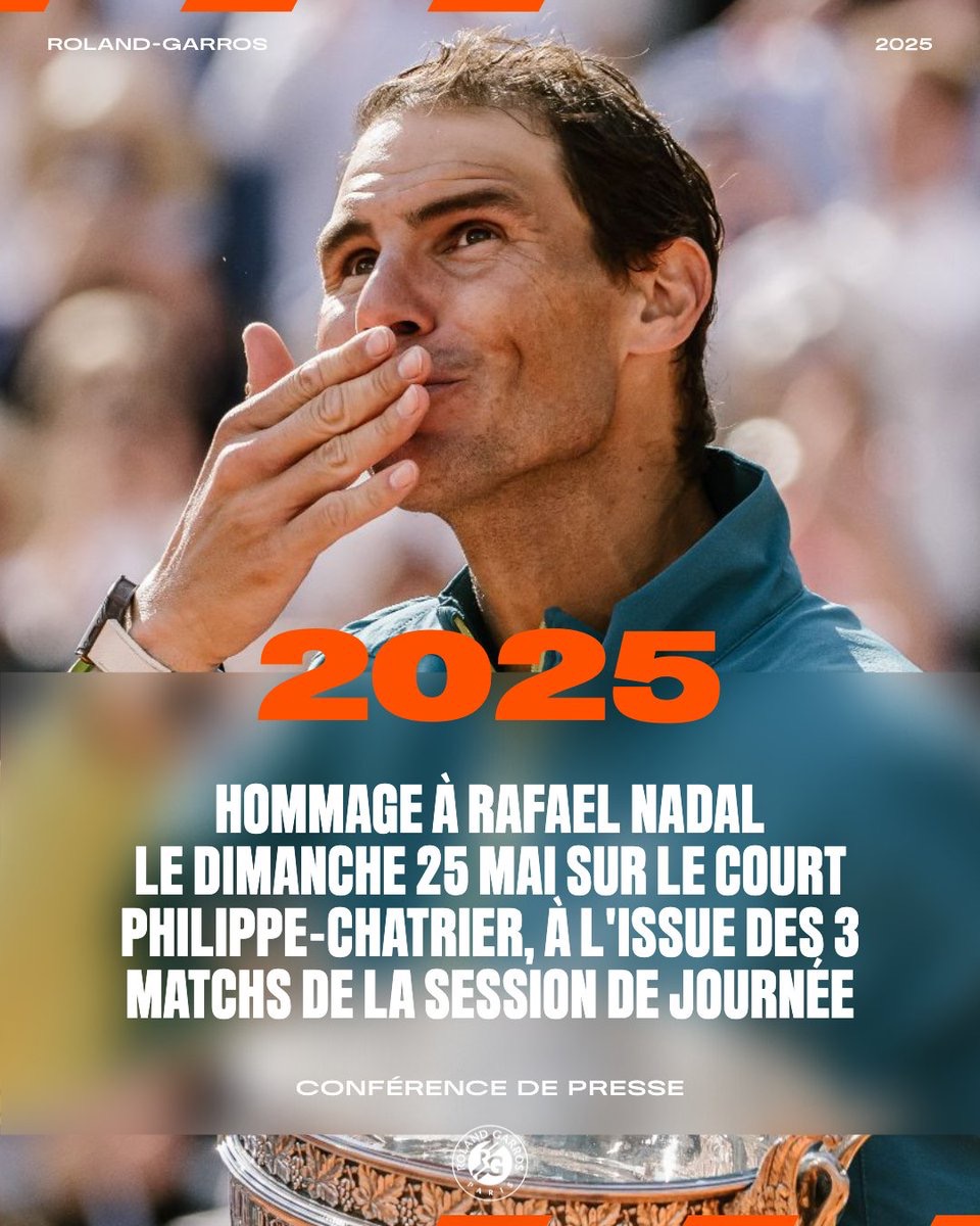 Rafael Nadal, the 14-time French Open champion, will be honoured at Roland Garros on May 25, 2025, with a special tribute ceremony on Court Philippe-Chatrier after the day matches.