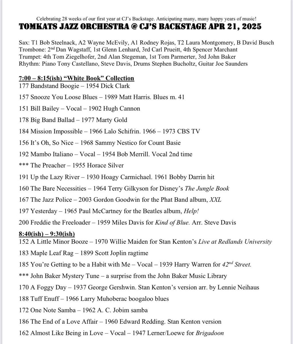 TomkatsJazz's tweet image. We invite you to join us on Monday, April 21, at CJ's Backstage!  We start at 7pm, but get there early to grab a good seat and a great meal!

CJ’s is located at 7022 22nd Ave N, St Petersburg! 

#cjsbackstage #tomkatsjazzorchestra #jazzorchestra #bigbandjazz #bigband