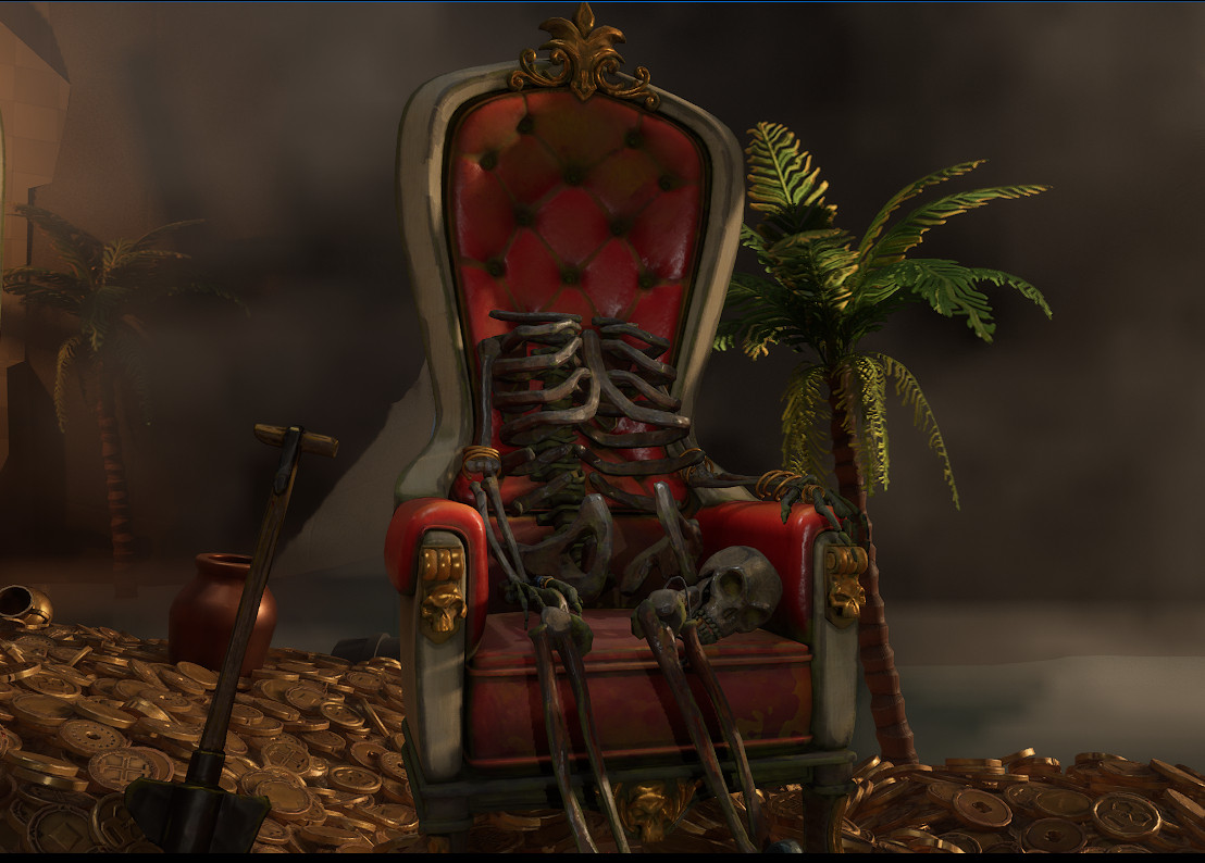 WIP: Finished the chair/skeleton texturing and started playing a bit with the scene composition...