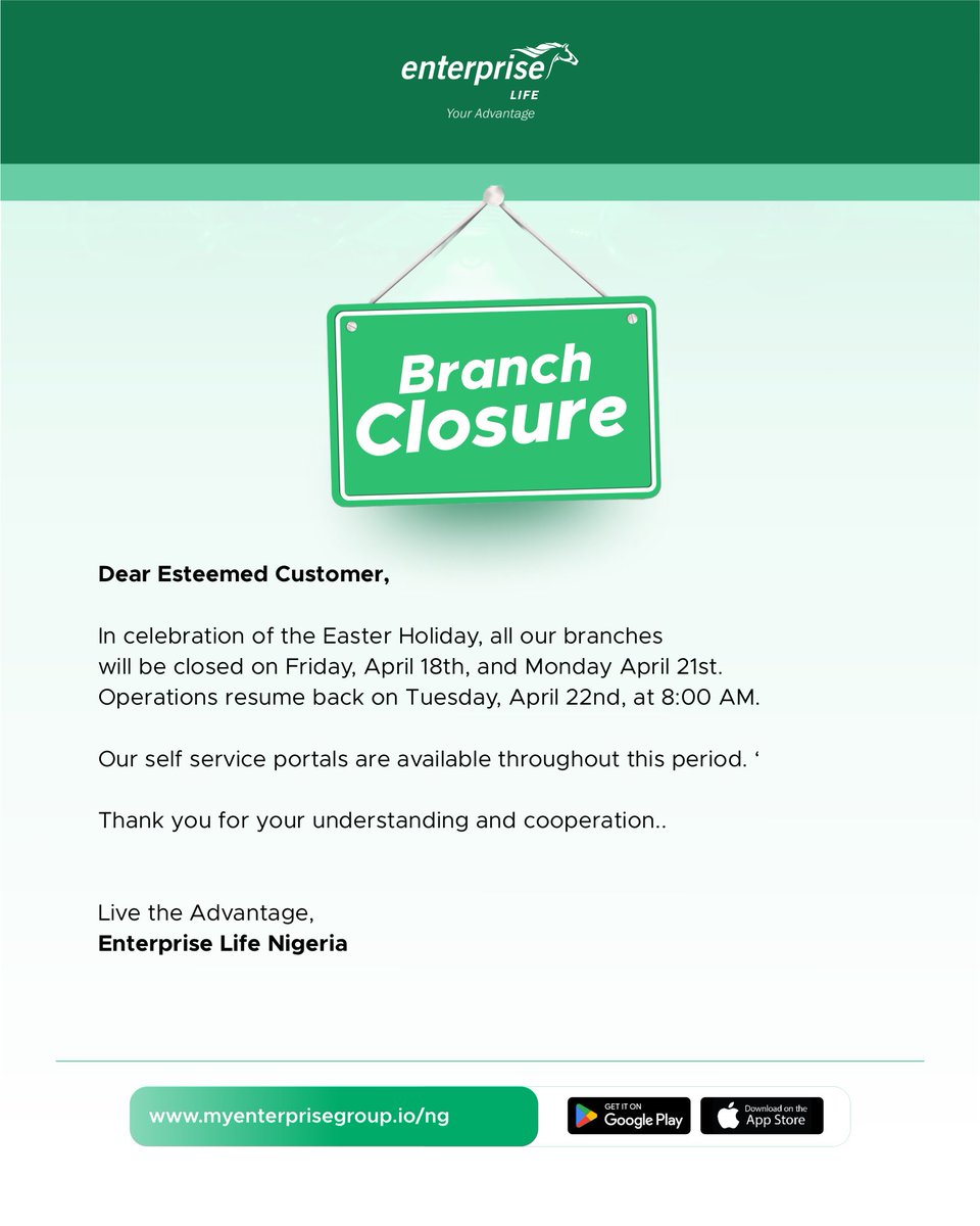 entlifenigeria's tweet image. Ahead of the Easter holiday, please be informed all our branches nationwide will be closed tomorrow and Monday. 

Please use any of our self service portals to keep enjoying your advantage! 🐎💚

#enterpriselifeng #advantageconnect