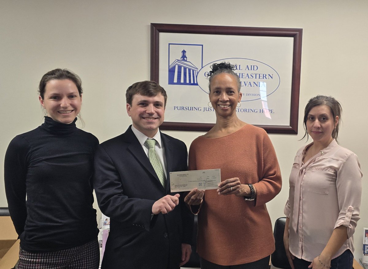 Legal Aid of Southeastern PA (@legalaidsepa) on Twitter photo WEST CHESTER - Thanks to <a href="/MacElreeHarvey/">MacElree Harvey Ltd.</a>! The MacElree Harvey team donated $87.58 in proceeds from their cash jar to LASP. Robyn Rykard (second from right), Paralegal for MacElree Harvey, stopped by LASP's West Chester Office with the donation on April 15, 2025.
#thankyou WEST CHESTER - Thanks to <a href="/MacElreeHarvey/">MacElree Harvey Ltd.</a>! The MacElree Harvey team donated $87.58 in proceeds from their cash jar to LASP. Robyn Rykard (second from right), Paralegal for MacElree Harvey, stopped by LASP's West Chester Office with the donation on April 15, 2025.
#thankyou