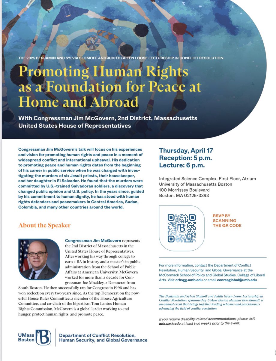 Rep. Jim McGovern (@repmcgovern) on Twitter photo Honored to be delivering the Slomoff Lecture at UMass Boston today at 6 PM.
I’ll be speaking about human rights and the fight for peace—at home and abroad.
If you’re nearby, come join us at 100 Morrissey Blvd. at <a href="/UMassBoston/">UMass Boston</a>. Hope to see you there! Honored to be delivering the Slomoff Lecture at UMass Boston today at 6 PM.
I’ll be speaking about human rights and the fight for peace—at home and abroad.
If you’re nearby, come join us at 100 Morrissey Blvd. at <a href="/UMassBoston/">UMass Boston</a>. Hope to see you there!