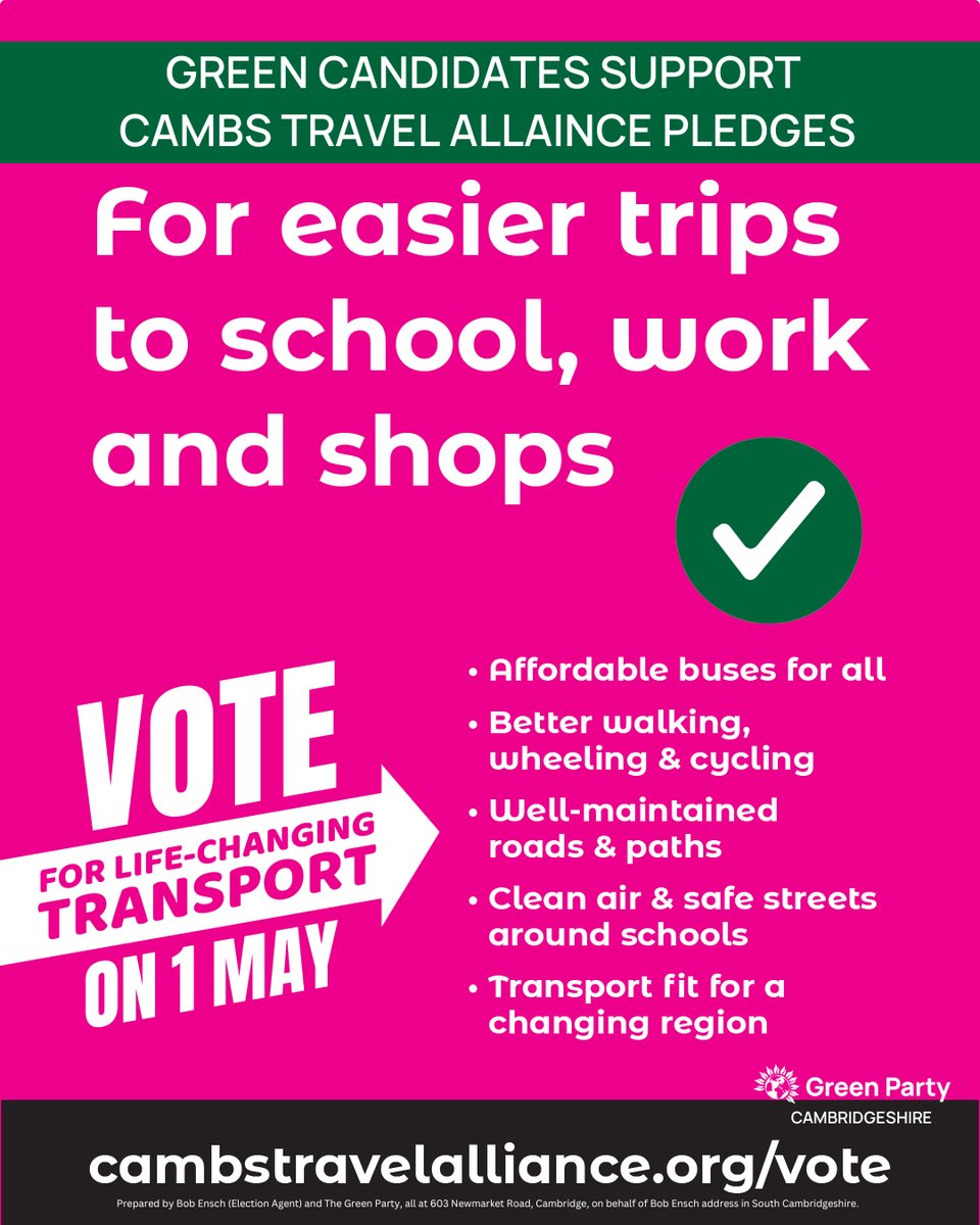 Greens come out on top for supporting <a href="/cambstravelall/">Cambridgeshire Sustainable Travel Alliance</a> manifesto and 44 candidates across Cambridgeshire have signed up. 

Vote Green on Thursday 1st May. 🗳️☑️