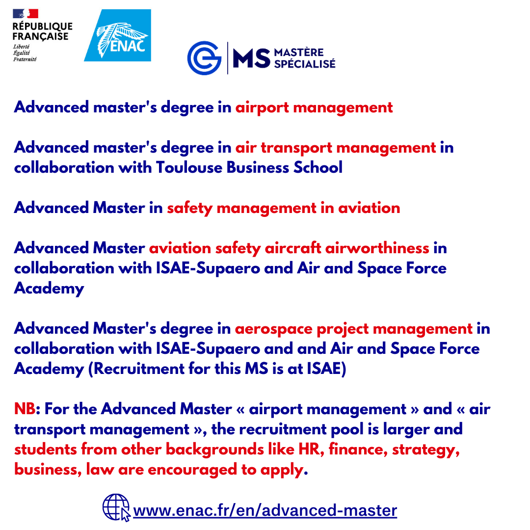 Are you interested in pursuing a masters in the aeronautical field? Do not miss out on this opportunity from ENAC National School for Aviation for Masters programs taught 💯 in English and Advanced Masters for professionals.

Apply on the Aurion Platform: aurion-prod.enac.fr/faces/Login.xh…