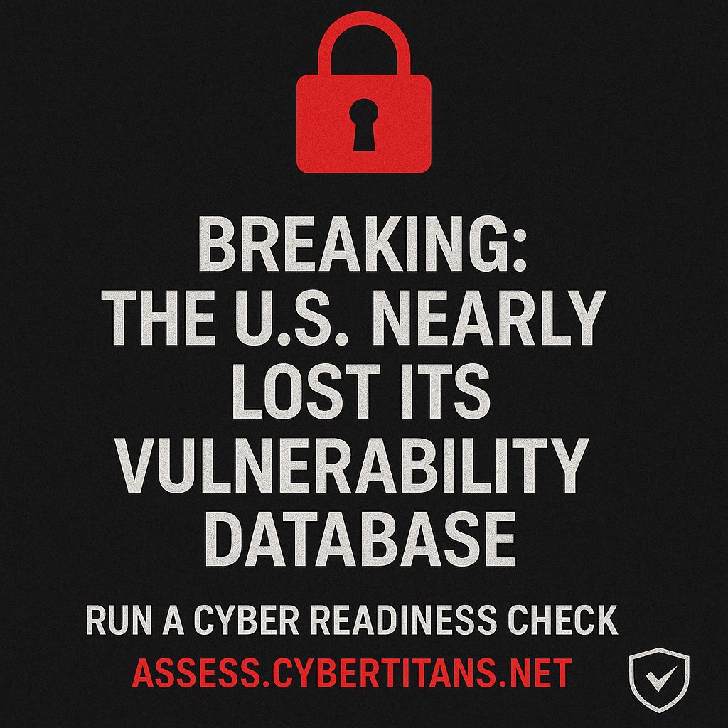 cybertitansllc's tweet photo. 𝐓𝐡𝐞 𝐔.𝐒. 𝐧𝐞𝐚𝐫𝐥𝐲 𝐩𝐮𝐥𝐥𝐞𝐝 𝐭𝐡𝐞 𝐩𝐥𝐮𝐠 𝐨𝐧 𝐭𝐡𝐞 𝐂𝐕𝐄 𝐝𝐚𝐭𝐚𝐛𝐚𝐬𝐞.
No CVEs = no warnings when you're vulnerable.
That’s why we don’t rely on hope—we build resilient systems.

#CyberSecurity #BusinessRisk #Cybertitans https://t.co/Xqmg0EDPnj