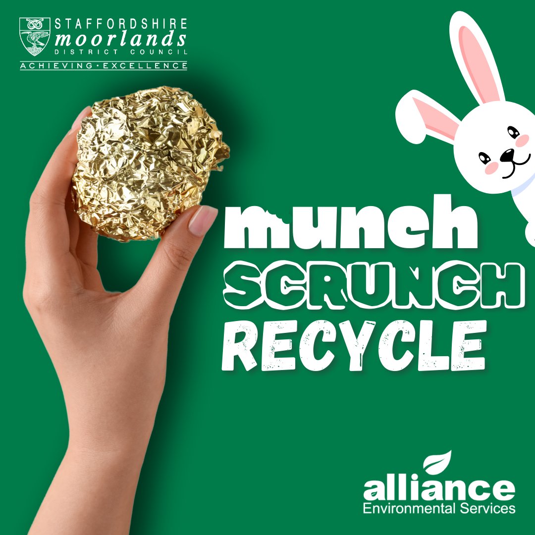 Did you know you can recycle the foils from your Easter eggs in your recycling bin?

After enjoying your eggs, simply crumple the foil into a ball roughly the size of a tennis ball and place it in your recycling bin!

#StaffordshireMoorlandsRecycles #RecycleRight #EasterRecycling