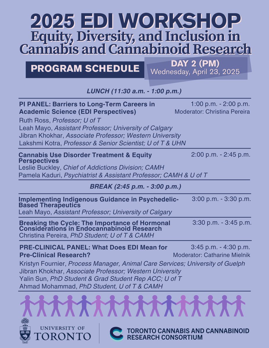 Pleased to announce the DAY 2 PROGRAM SCHEDULE for our #EDI #Workshop with <a href="/TC3consortium/">Toronto Cannabis & Cannabinoid Research Consortium</a> at <a href="/UofT/">University of Toronto</a>.

📅April 22 - 23, 2025.
📍Chestnut Conference Centre
🕝 8:30am - 5:30pm ET

REGISTER: tinyurl.com/TC3EDI2025
MORE INFO: tinyurl.com/TC3EDIinfo