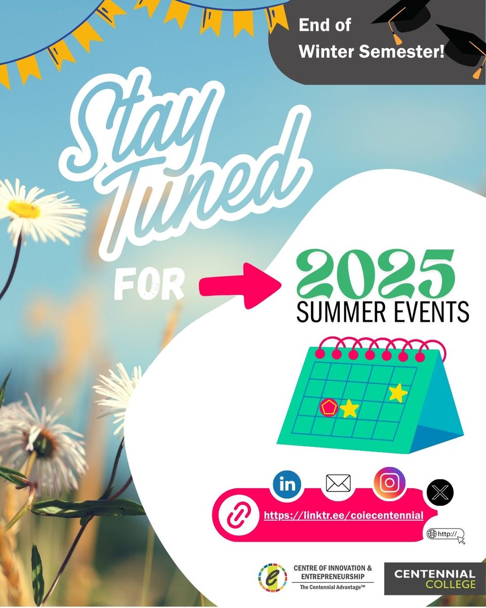 🎉 That’s a Wrap on the Winter 2025 Semester! 
❄️A huge congratulations to all Centennial College students for finishing the Winter semester strong! 
🌞 Get ready for Summer!
📲 Stay connected: linktr.ee/coiecentennial
 📬 Newsletter: tinyurl.com/3fpkr62s