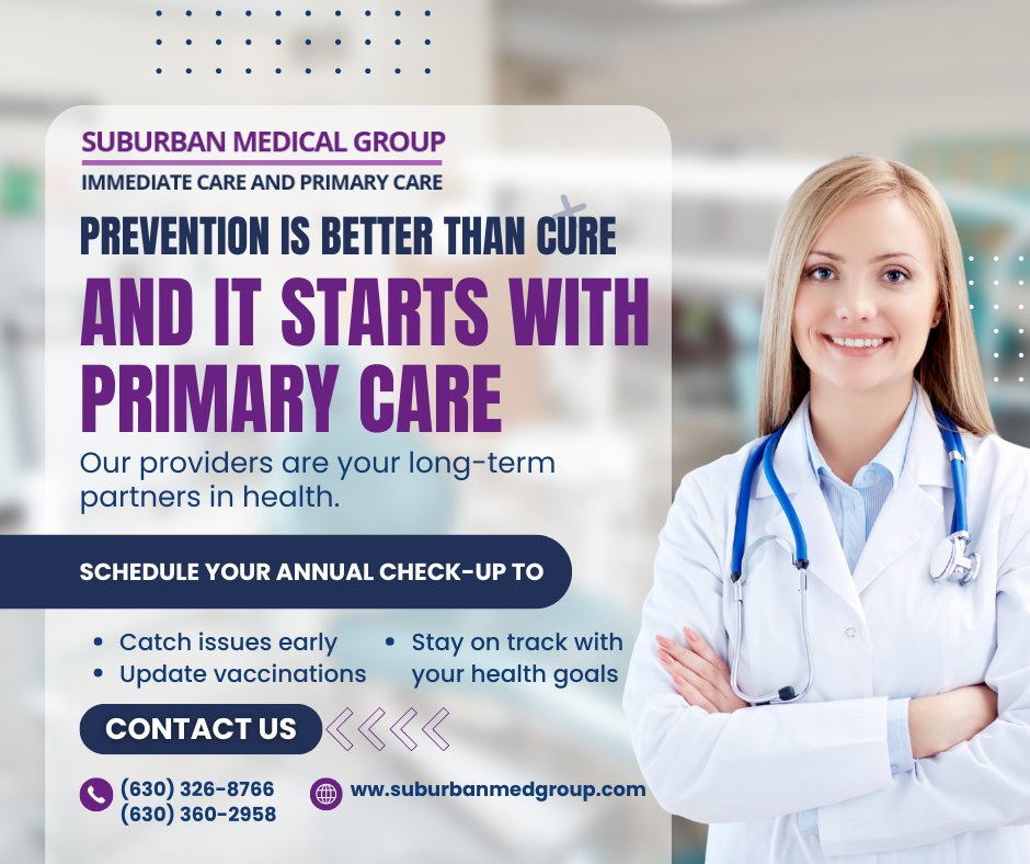 Suburbanmed's tweet image. A strong relationship with your primary care provider helps you:
✔️ Catch health issues early before they become serious
✔️ Update important vaccinations to stay protected
✔️ Stay on track with long-term health goals and screenings
 #PrimaryCareFirst #PreventiveCare