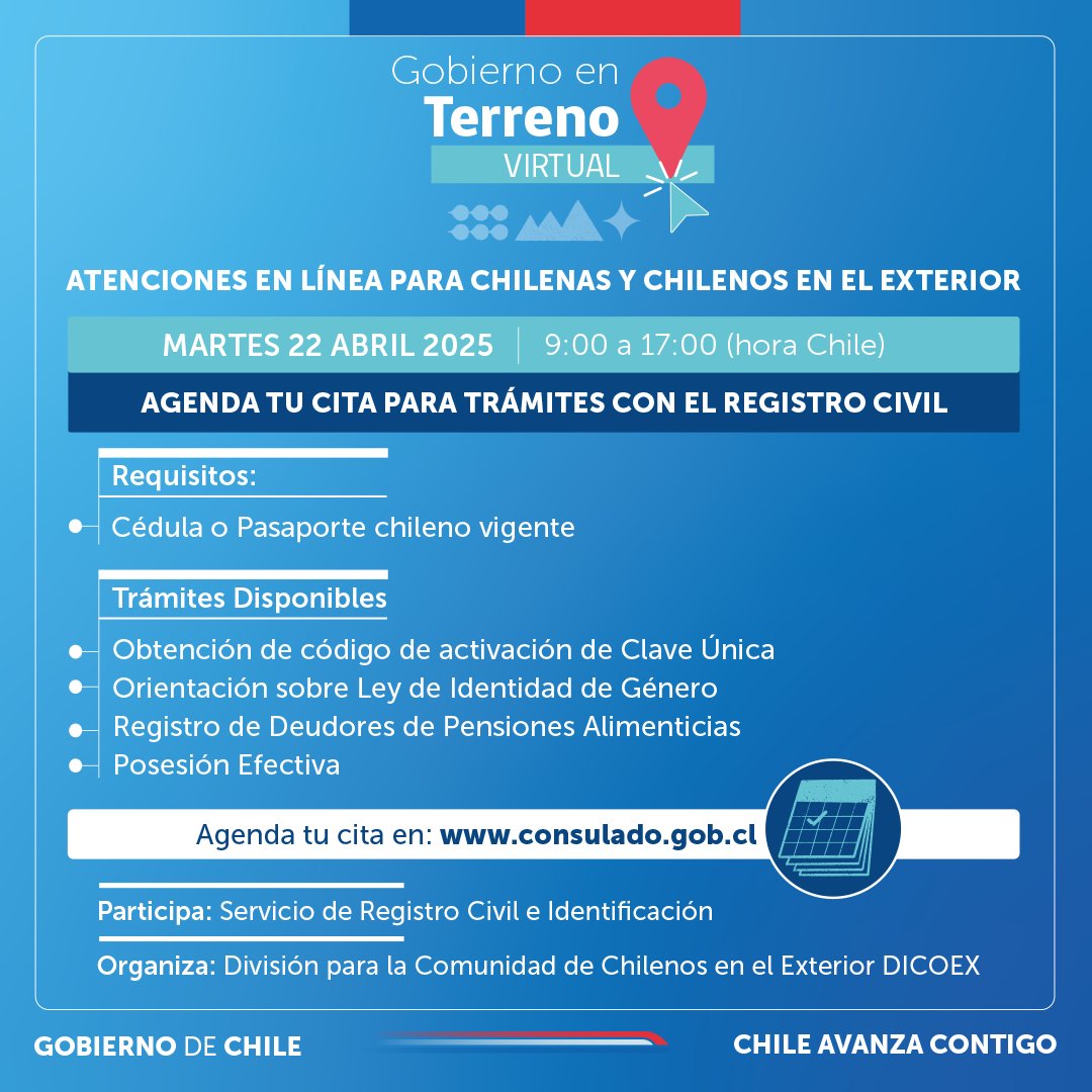 📢Participa en la jornada de atención en línea para chilenas y chilenos en el exterior! 🇨🇱
 
👉Agenda tu cita en bit.ly/42sw1G7
Además, solicita tu #ClaveUnica en la jornada de atención virtual del 22 de abril e infórmate con funcionarios de <a href="/RegCivil_Chile/">Registro Civil e Identificación - Chile</a>