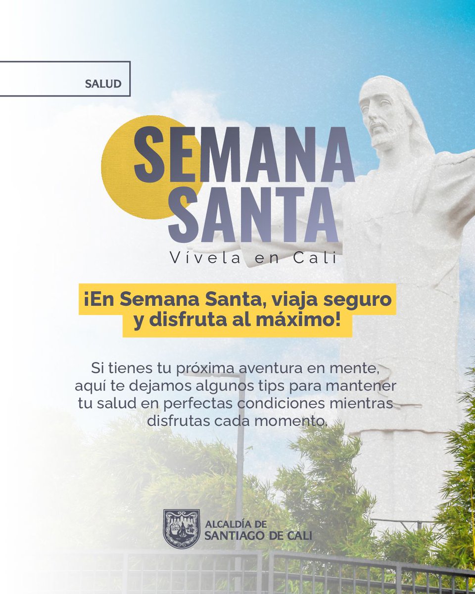SaludCali's tweet photo. ¡Viaja seguro en Semana Santa! ☀️⛱️🕶

Si vas a pasear durante estos días, es importante que tengas en cuenta algunas recomendaciones antes de salir de casa.✈️🚗🚌

Aquí te contamos más. ⬇️ https://t.co/w1QuEIik0r
